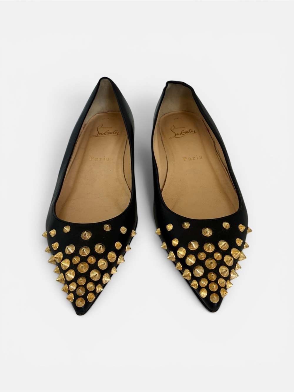 Christian Louboutin Black Leather Pointed Flats with Gold Spikes - Picture 2 of 7